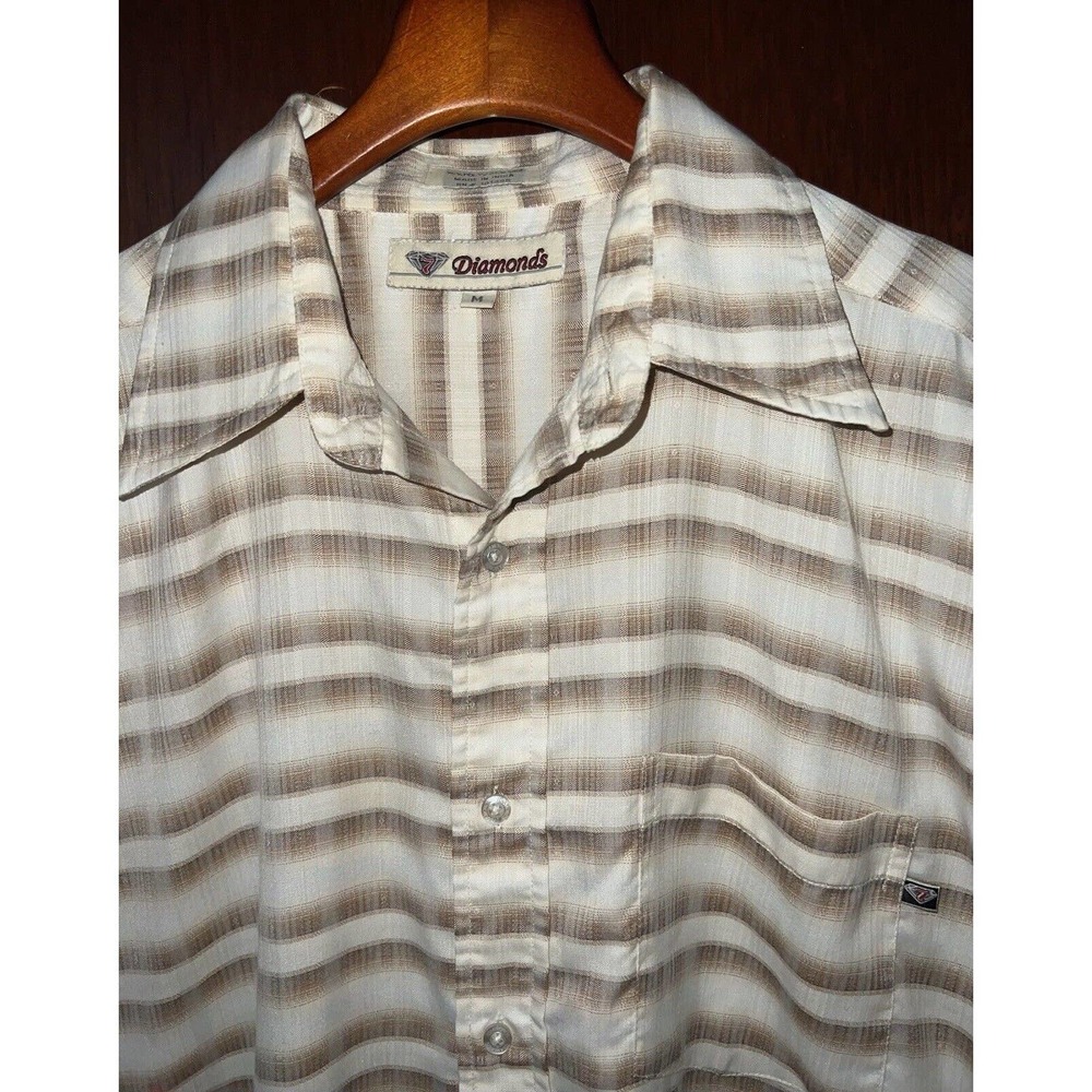 7 DIAMONDS SHIRT TEXTURED STRIPE SHORT SLEEVE BEIGE BROWN MEDIUM M